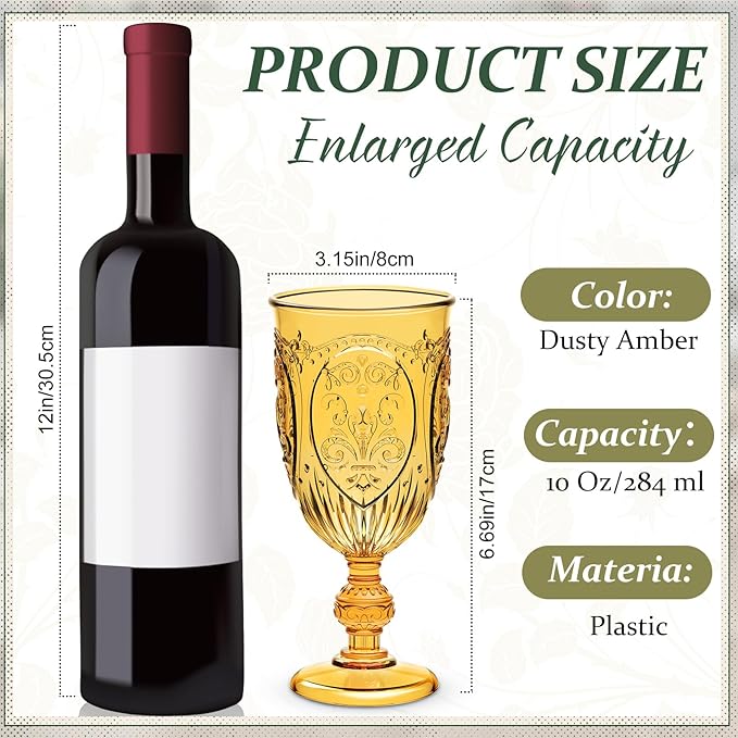 60 Pack Plastic Goblets 10oz Upgrade Vintage Water Goblet Plastic Wine Glasses Colored Retro Embossed Glassware for Party Wine Bar Juice Baby Shower Wedding Reception Grand (Amber)