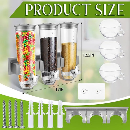 Umigy 1 Pcs Candy Dispenser Wall Mounted, Triple Dry Cereal Grain Dispenser Machine Wall Mount, Food Storage Container for Pantry Snack with 3 Cup for Kitchen, 39 oz (Gray)