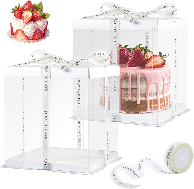 8 Packs Tall Cake Boxes with Ribbon,8x8x9 inches Bakery Boxes,White Multi-Layer Cake Containers for Birthday,Wedding, Halloween. (White, 8 * 8 * 9 inch/8pcs)