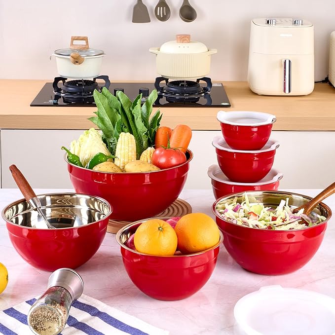 Red Mixing Bowls with Lids Set of 7, Stainless Steel Nesting Bowl with Khaki Lid for Non-slip Mixing Prepping Storing Serving, 7 Sizes-7/3.6/2.7/2.1/1.5/1/0.8 QT