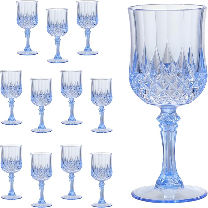 Blue Plastic Wine Glasses Set of 12 – 7oz Unbreakable Vintage Drinking Glasses for Parties Reusable & Dishwasher-Safe for Weddings, Bars, and Every Celebration