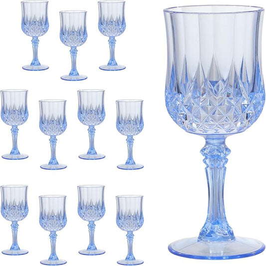 Blue Plastic Wine Glasses Set of 12 – 7oz Unbreakable Vintage Drinking Glasses for Parties Reusable & Dishwasher-Safe for Weddings, Bars, and Every Celebration