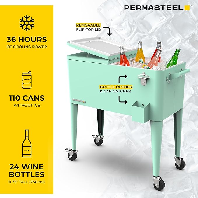 Permasteel 80 Quart Party Cooler, Rolling Ice Chest with Wheels and Handles for Indoor Outdoor Patio
