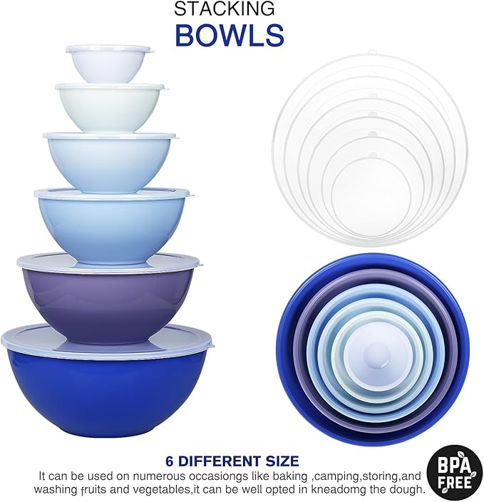 6-Piece Plastic Mixing Bowl Set with Lids for Kitchen, Nesting Storage Bowls for Baking, Prepping,Cooking and Serving Food, Dishwasher, Microwave Safe,Great for Mixing & Serving,Dark blue