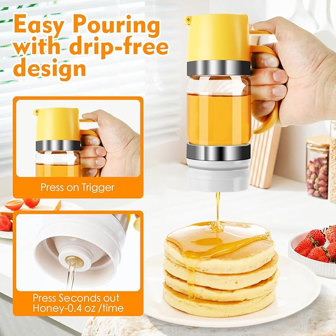 9 OZ Glass Honey Dispenser and Pot Set – No Drip Honey Jar with Lid – Perfect for Honey and Syrup Storage in Home Kitchen