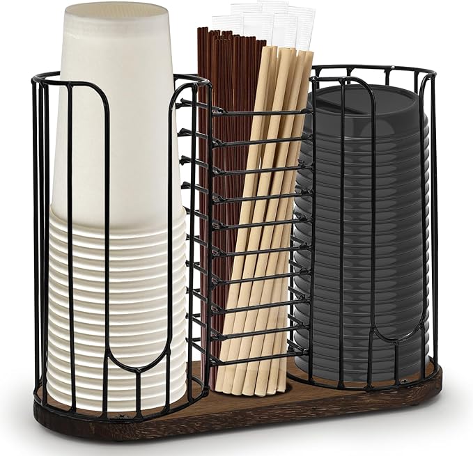 3-Compartment 18oz Coffee Cup Dispenser Rack with Wood Base, Disposable Cup, and Lid Organizer for Countertop - Perfect for Paper Cups, Straws, and Kitchen Cabinet Storage