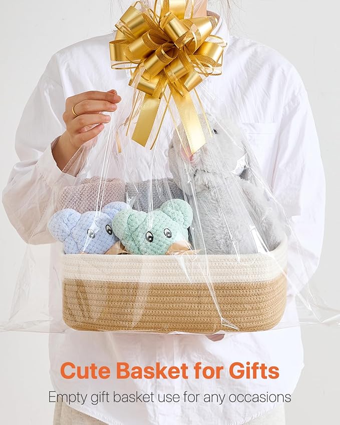 Small Woven Basket, 12 x 8 x 4.5 Inches, Storage Basket for Organizing, Cute Small Rope Shelf Closet Cube Storage Bins Baskets for Shelves, Dog Toy Gift Baskets Empty, 3 Pack White & Brown