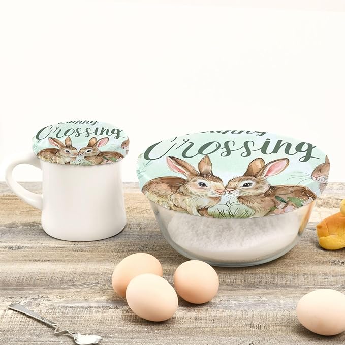 5 Pcs Bowl Covers Reusable in 5 Size Elastic Food Cover Cloth Lids Fresh Keeping Dish Cookware Bakeware Fabric Covers Lids for Food Leftovers Fruits Storage Easter Bunny Flowers Plant