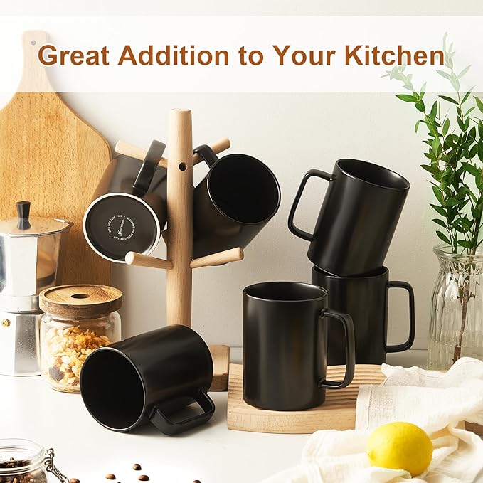 Jassceram Coffee Mugs Set of 6, 18 Ounce Porcelain Mugs for Latte, Hot Tea, Cappuccino, Cocoa and Milk, Ceramic Coffee Cups with Large Handle - Dishwasher & Microwave Safe, Matte Black