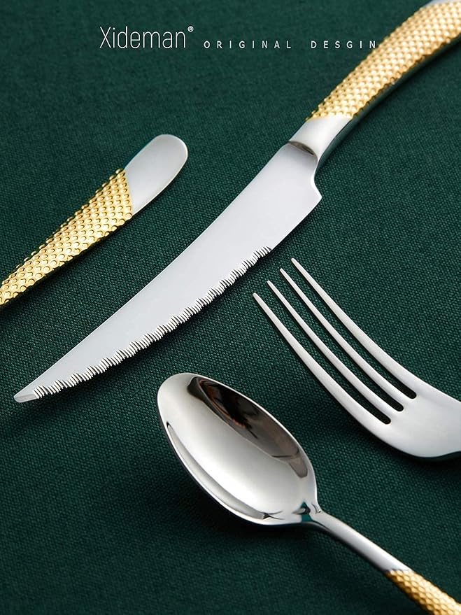 16 Piece Hammered Silver Gold Silverware Set, Modern Golden 18/10 Stainless Steel Flatware Set, Kitchen Utensil Set Service for 4, Tableware Cutlery Set, Knives Forks Spoons Set