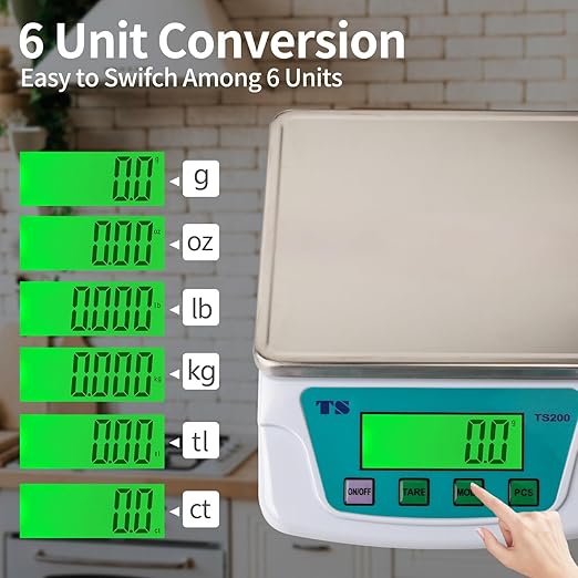 Digital Kitchen Scales 10KG/22lB Accuracy Measurements 0.2g Weighing Food Scale 6 Units Conversion with Stainless Steel Platform Electronic Cooking for Tare Function LCD Display (with Batteries)
