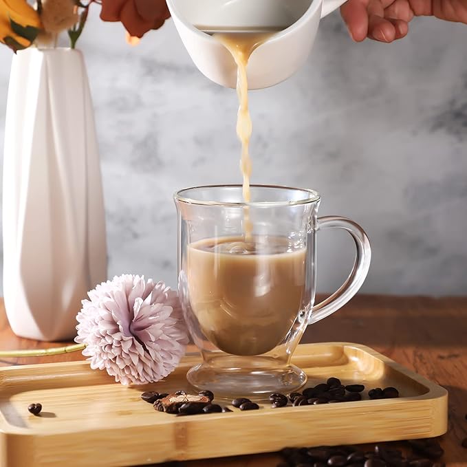 Gejoy 6 Sets Double Wall Glass Coffee Mugs with Spoon Insulated Clear Coffee Mug with Handle Borosilicate Glass Coffee Cups Latte Cup for Cappuccino, Tea, Latte, Espresso, Hot Beverage(12 OZ)