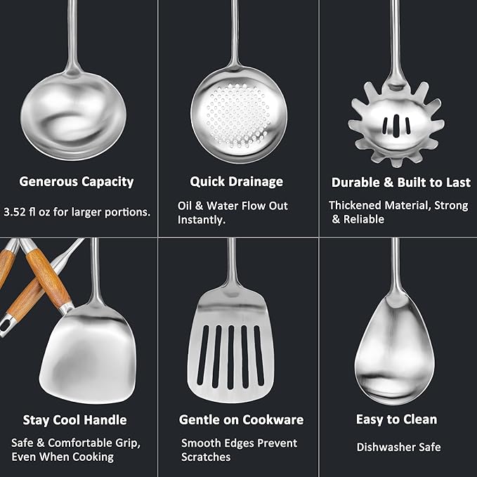 18/10 Stainless Steel Kitchen Utensils Set 6 Pcs Cooking Utensil with Wood Handle, 15.5” Long Spatula, Soup spoon, Leaking shovel, Spaghetti Spoon Kitchen Tools Set (Wood handle - 6 Piece)