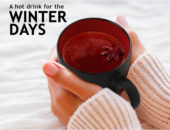 MIAMIO - Set of 6 Stoneware Coffee Mugs 12 Ounce/Cup Set - Le Papillon Collection (Black-Red)