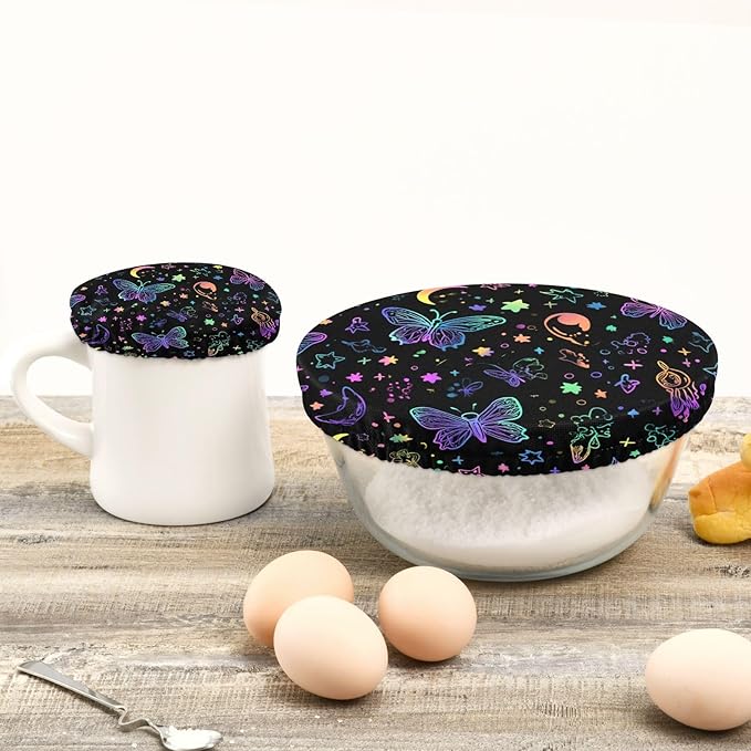 5 Pcs Bowl Covers Reusable in 5 Size Elastic Food Cover Cloth Lids Fresh Keeping Dish Cookware Bakeware Fabric Covers Lids for Food Leftovers Fruits Storage Neo-color Butterflies Moon Stars