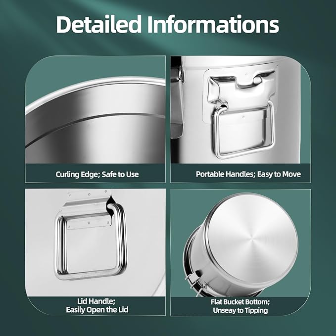 304 Stainless Steel Storage Containers with Lid, 21L/5.55gal Airtight Canister with Locking Clamps Multi-Purpose Kitchen Storager Bucket Food Jar, for Rice Cereal Flour Coffee Beans Milk (21L)