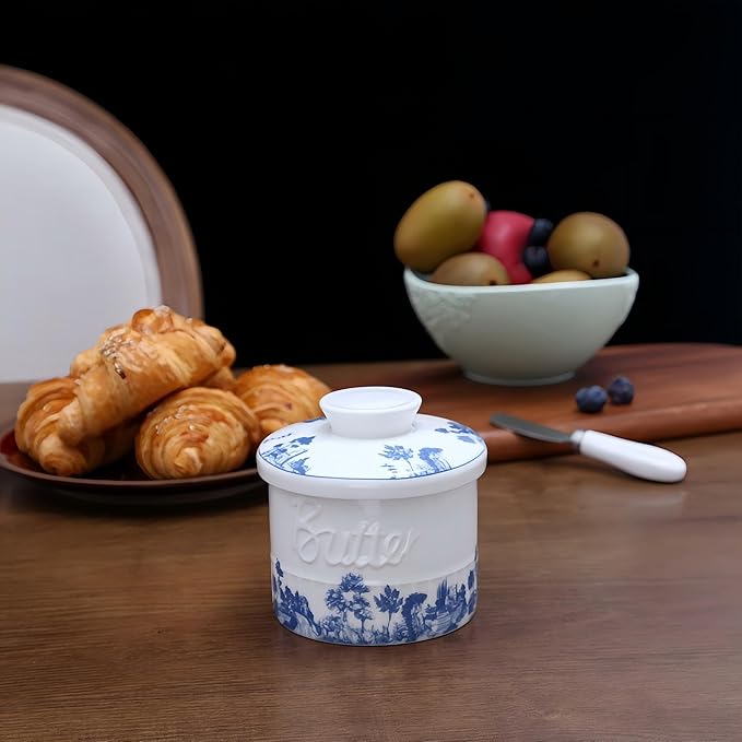 Butter Crock with Lid, French Butter Dish with Water Line for Countertop, Ceramic Butter Keeper for Spreadable Butter, Container Holder for Kitchen and Home Decor, 6.7 OZ, Forest Blue