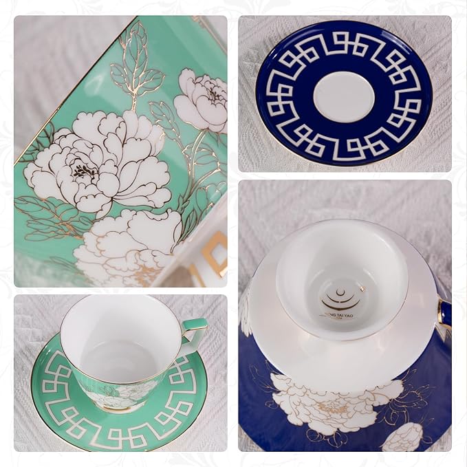 KAMMAK Ceramic Tea Cup and Saucer Set with Gold Trim, Peony Flower Pattern, 240ml Elegant Bone China Coffee Cup Set in Navy Blue & Teal Green, Ideal for Afternoon Tea, Gift for Women