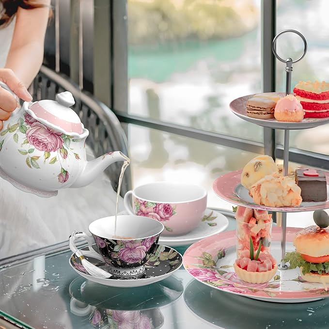 London Boutique Tea Cup and Saucer Set 2 Afternoon Tea Set New Bone China Vintage Flora Gift Box 200m (Black)