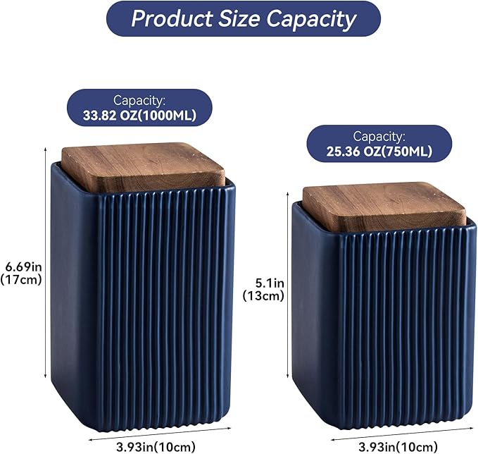 Ceramic Storage Jars Modern Elegant Highly Polished Airtight Storage Canisters with Lid Whiteware Food Stroage Jar for Kitchen Spice Tea Vanilla Sugar Coffee Beans (Blue-1000ML)