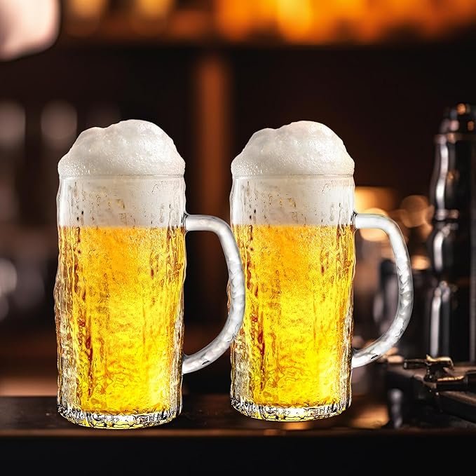 Beer Mug Set of 2, 16.5oz Glass Beer Mugs for Freezer, Clear Large Beer Steins with Handle, Gifts for Men
