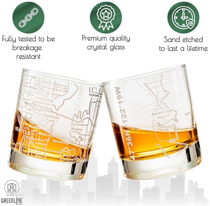 Greenline Goods Whiskey Glasses - 10 Oz Tumbler Set for Seattle lovers, Etched with Seattle Map | Old Fashioned Rocks Glass - Set of 2