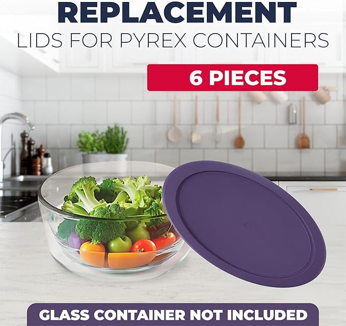 Replacement Lids for Pyrex Containers Round Glass Food Plastic - (2) 2-Cup Navy, (2) 4-Cup Purple, (2) 7-Cup Dark Red- BPA-Free, Dishwasher & Microwave Safe