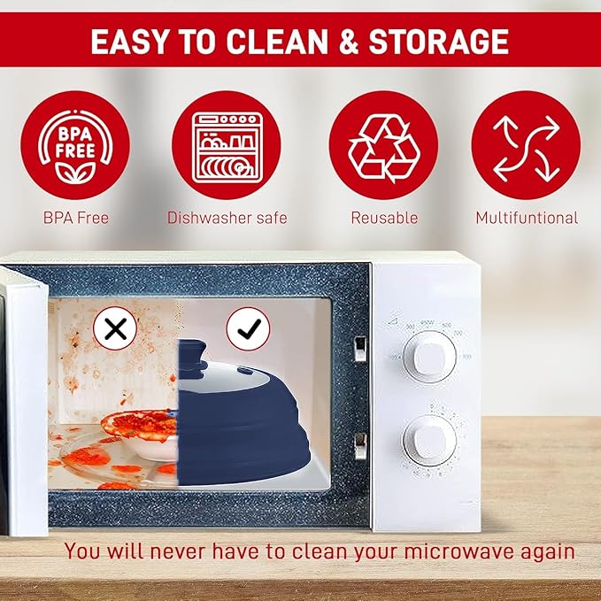 Microwave Splatter Cover Glass 11.8 Inch - Collapsible Microwave Splatter Cover for Plate & Bowl - Tempered Glass Top, Food-Grade Silicone Dome with Heating Vents & Heat-Safe Handle (BLUE DARK)