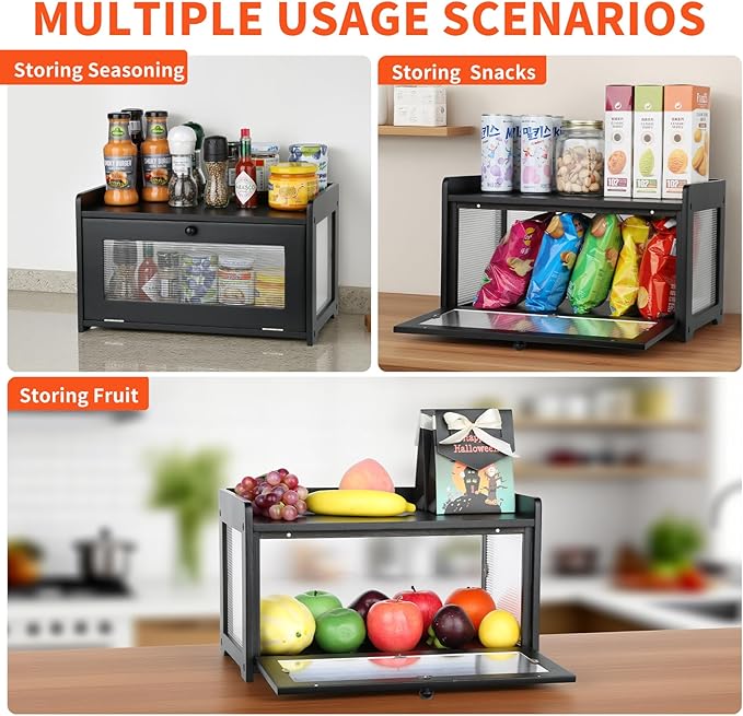 Bread Box for Kitchen Countertop - Wooden Bread Box for Homemade Bread,Large Capacity Bread Storage Container for Kitchen Counter,Easy Assembly & No Smell Bread Holder for Corner,Cabinet,Pantry(Black)