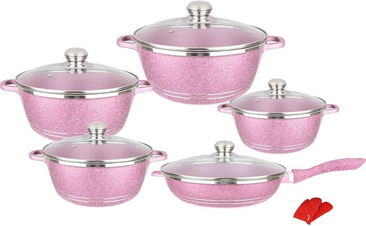 6-Piece Pink Nonstick Cookware Set with Glass Lids, Marble-Coated Aluminum Pots & Pans, Includes 20cm, 24cm, 28cm, 32cm Saucepans & 28cm Frying Pan, Heat-Resistant Gloves