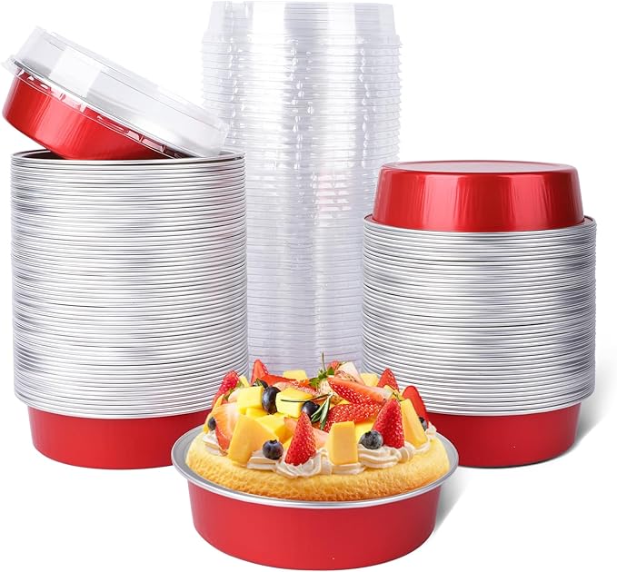 Beasea 4 Inch Disposable Tart Pans with Lids, 120 Pack 8oz Mini Pie Tins Creme Brulee Ramekins Bright Red Aluminum Foil Pie Tart Cake Baking Pans Individual Round Containers Oven Safe for Baking