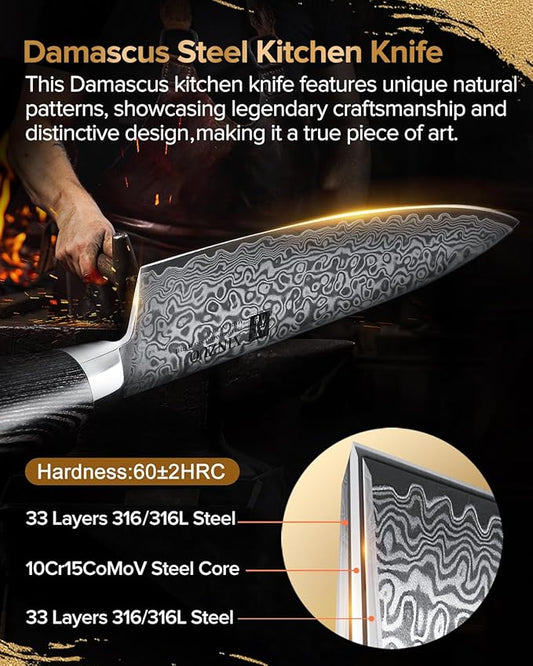 XINZUO Damascus Gyuto Chef Knife with Sheath 8 Inch,Sharp Kitchen Knife Professional,Pakkawood Handle, Chef Gift Box