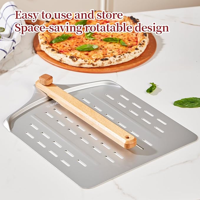 Perforated Pizza Peel, 12 inch Anodized Aluminum Pizza Spatula Paddle with Foldable Wood Handle, Lightweight Pizza Turning Peel for Baking Bread, Easy Storage Pizza Oven Accessories Tools