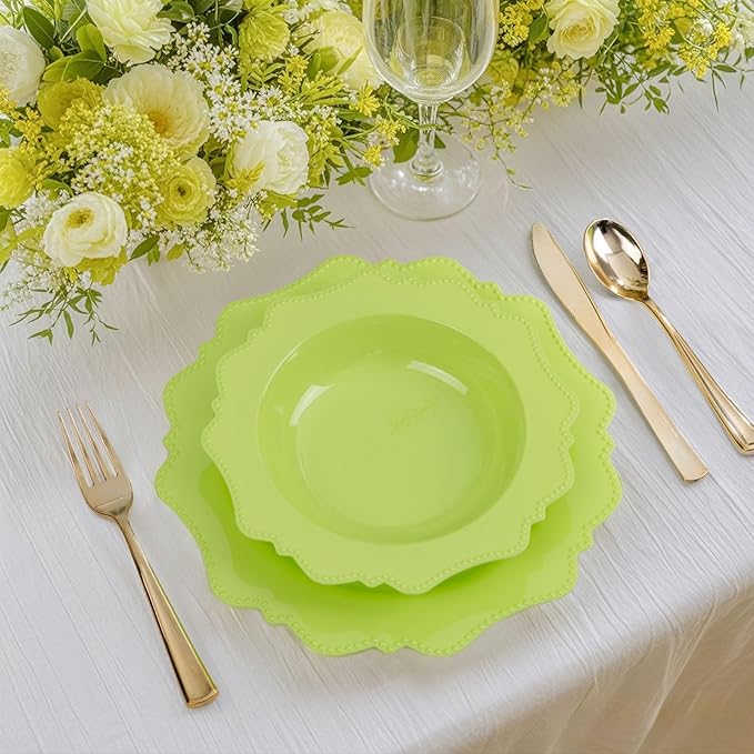 COLOSUS 60 Pack Lime Green White Plastic Bowls, 12 oz Disposable Soup Bowls, Premium Plastic Dinner Bowls,Heavy-duty Dessert Salad Bowl for Party, Wedding, Dinner, Christmas,Thanksgiving