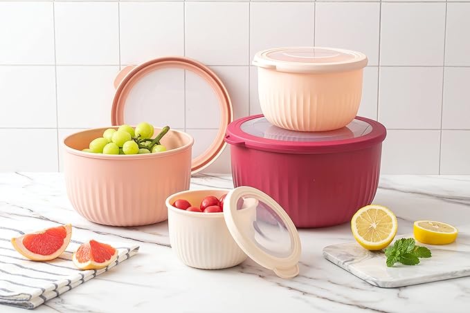 COOK WITH COLOR Prep Bowls with Lids- Wide and Deep Nesting Plastic Small Mixing Bowl Set with Lids, 8 Piece Set - Deep Bowls, Rose