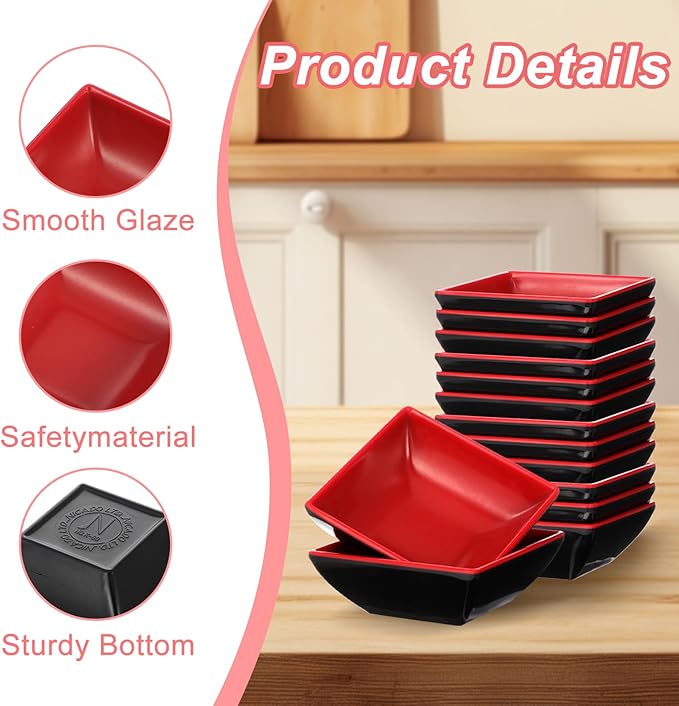 30 Pcs Dipping Bowls, Soy Sauce Dishes, Black Red Dipping Sauce Plate Set Small Dish Pinch Bowls for Condiment, Snack, Sushi, BBQ, Desserts