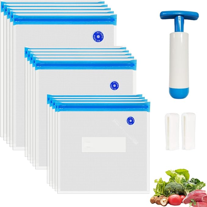 O2frepak 15 Pack Reusable Sous Vide Bags,BPA-Free Vacuum Seal Bags of 3 Sizes with Pump and 2 Seal Clips for Sous Vide Cooking and Food Storage