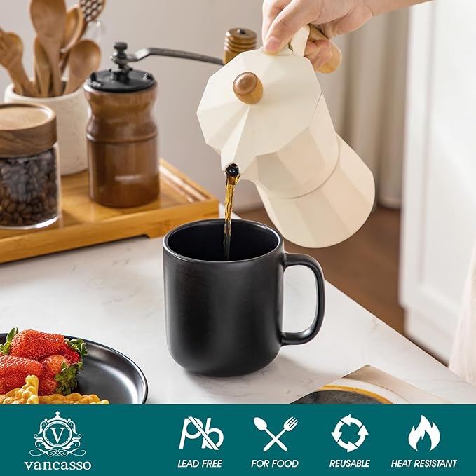 vancasso Stoneware Coffee Mugs Set, 16 oz Ceramic Coffee Cups for Americano Hot Tea Iced Coffee Cold Brew Cocoa Milk Mugs Set of 6, Dishwasher & Microwave Safe, Matte Black