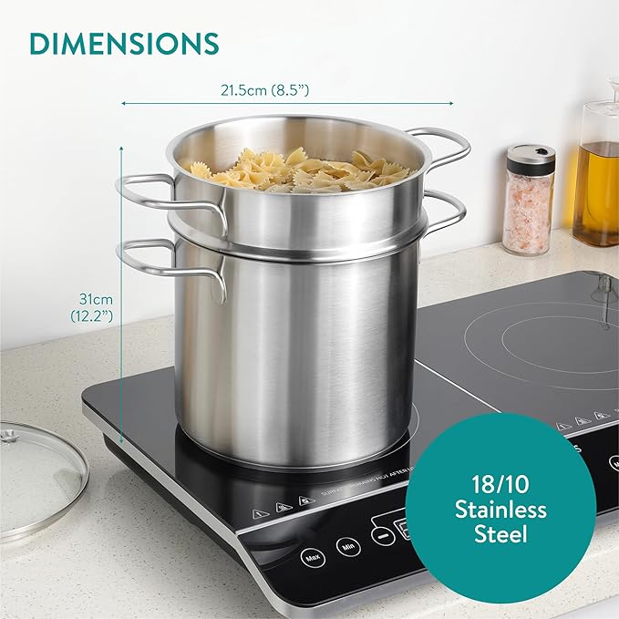 Navaris Stainless Steel Pasta Pot, 5.7 L (6.1 Qt) - Versatile Pot for Pasta, Vegetables and More - Suitable for Induction, Gas, Electric & Oven - Dishwasher Safe