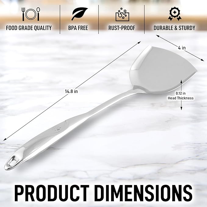 Zulay Kitchen Stainless Steel Metal Wok Spatula - Durable Wok Turner Spatula Shovel - Durable Utensil with Ergonomic, Easy to Use Handle - Easy to Clean, Perfect for at Home Cooks & Chefs - 14.8”