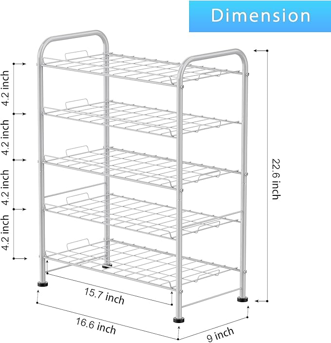 5 Tier Water Bottle Organizer Small Water Bottle Holder Stand Freestanding Metal Bottled Water Rack Dispenser for Kitchen, Pantry Organization and Storage, Silver