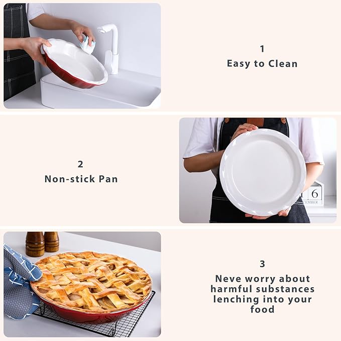 Lareina Deep Dish Pie Pan for Baking, 9 Inch Ceramic Fluted Pie Dish for Apple, Quiche, Pecan, Pot Pies, 53 Ounce Round Pie Plate, Gift for Thanksgiving, Set of 2, Red