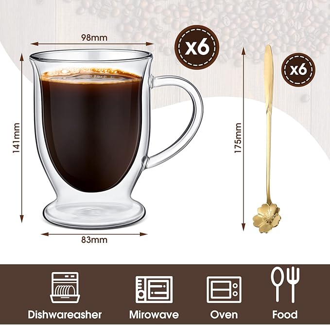 Gejoy 6 Sets Double Wall Glass Coffee Mugs with Spoon Insulated Clear Coffee Mug with Handle Borosilicate Glass Coffee Cups Latte Cup for Cappuccino, Tea, Latte, Espresso, Hot Beverage(16 OZ)