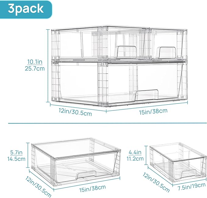 Vtopmart 3 Pack Stackable Storage Drawers, Easily Assemble Acrylic Bathroom Undersink Organizers,Clear Plastic Storage Bins for Closet,Cabinet,Pantry,Medicine Organization