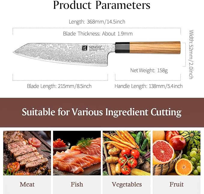 XINZUO 8.5 Inch Japanese Kiritsuke Chef Knife with Sheath, Hand Forged 67 Layers Damascus Steel Kitchen Knife, Ultra Sharp, Japanese Chopping Knife with Olive Wood Octagonal Handle