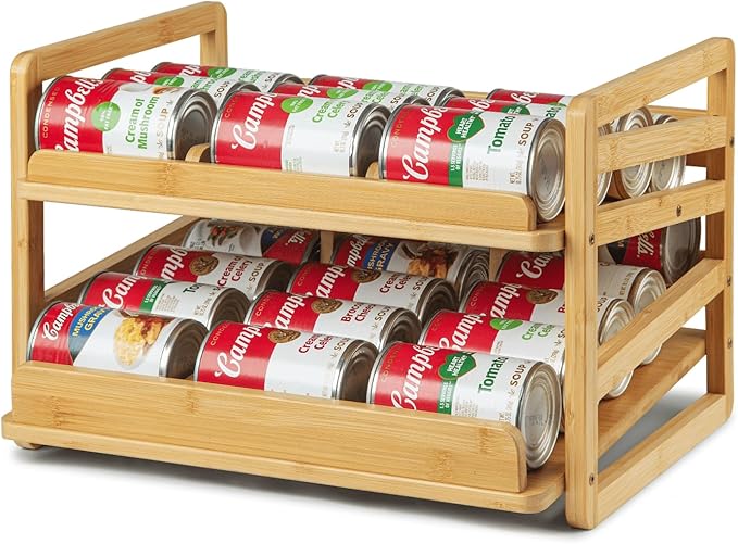 Bamboo Rolling Can Organizer for Pantry, Stackable 2 Tier Canned Food Organizer Rack for Storage, Kitchen Cabinet, Can Holders Dispensers for Pantry Up To 27 Cans