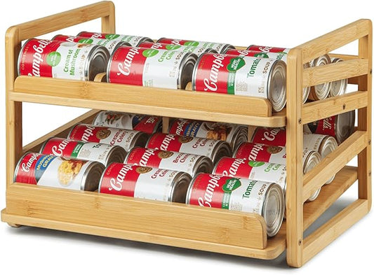 Bamboo Rolling Can Organizer for Pantry, Stackable 2 Tier Canned Food Organizer Rack for Storage, Kitchen Cabinet, Can Holders Dispensers for Pantry Up To 27 Cans