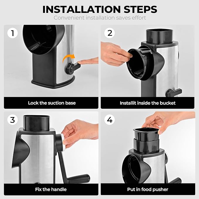 SUSTEAS Rotary Cheese Grater with Handle, Kitchen Mandoline Vegetable Slicer with 5 Interchangeable Blades, Easy to Clean, Strong Suction, Grater Slicer for Fruit, Vegetables, Nuts, with Storage Case