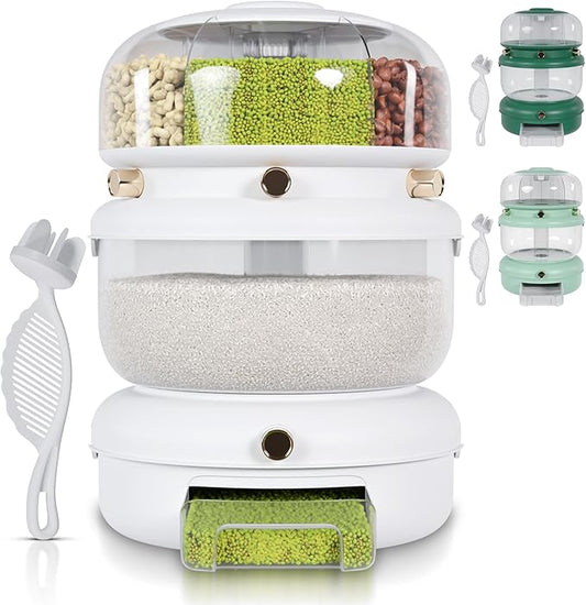 Rice & Multi-Grain Dispenser – Airtight 3-in-1 Rotating Food Storage with Strainer, Holds Up to 22 lbs (12 lb Bulk + 6 Compartments)