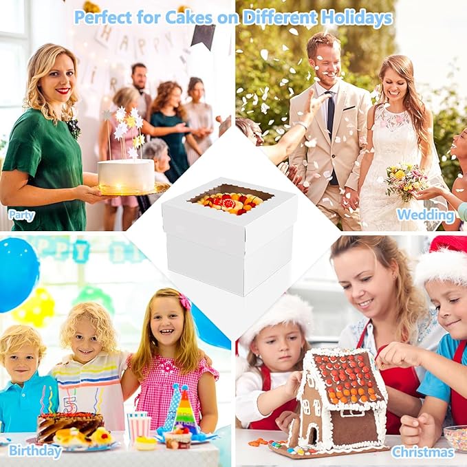 Cake Boxes with Cake Boards 5pcs 10x10x8 Inch White Bakery Box Cajas Pasteles, Tall Cake Boxes Dessert Cake Carrier for Tier Cake, Pastries, Cookies, Pie, Birthday Party Wedding Christmas